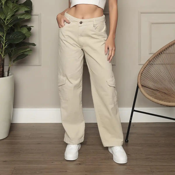 Calça Feminina Cargo Wide Leg  Com Bolso Lateral Tendência