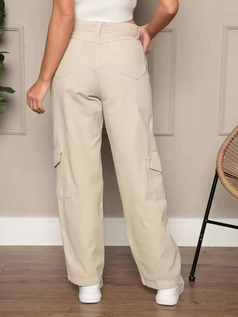 Calça Feminina Cargo Wide Leg  Com Bolso Lateral Tendência