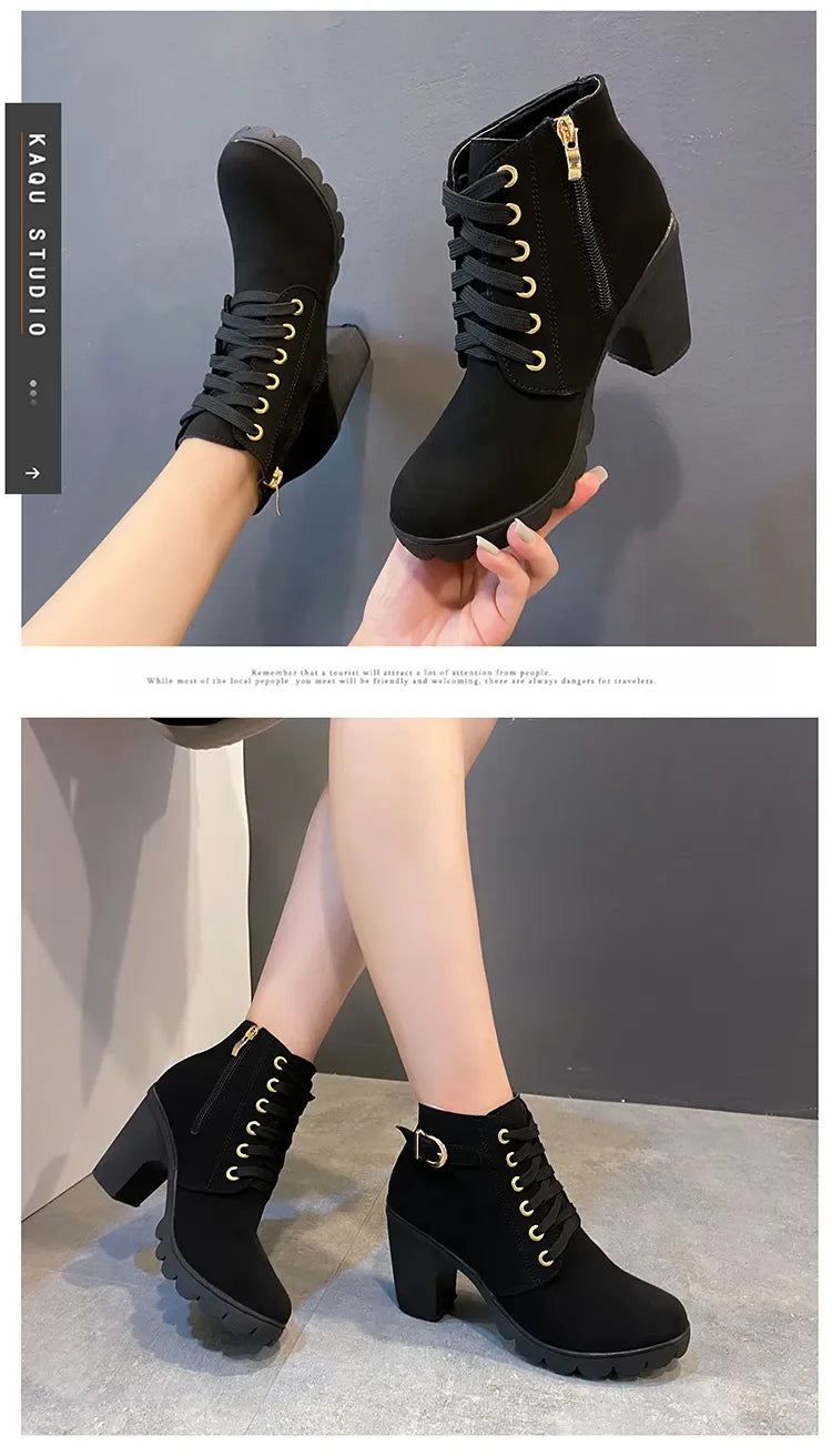 New Spring Winter Women Pumps Boots High Quality Lace-up European Ladies Shoes PU High Heels Boots Fast Delivery Platform Boots