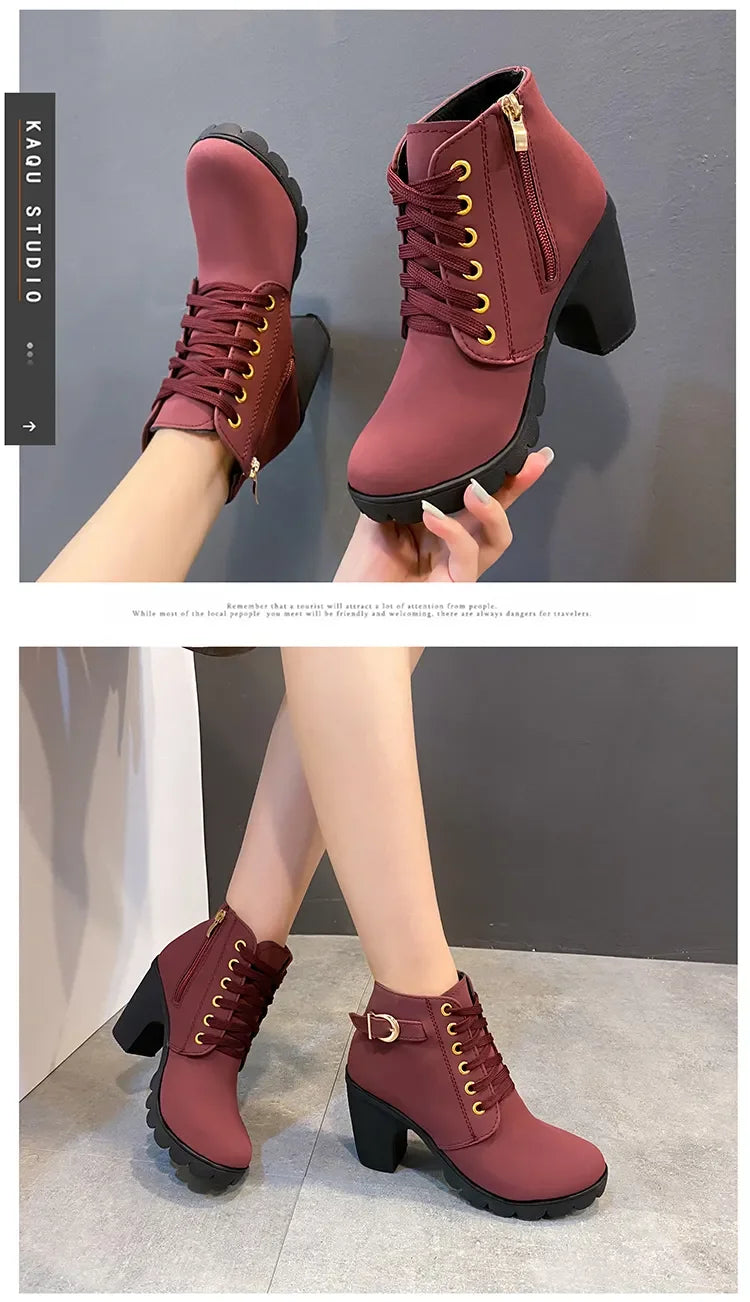 New Spring Winter Women Pumps Boots High Quality Lace-up European Ladies Shoes PU High Heels Boots Fast Delivery Platform Boots