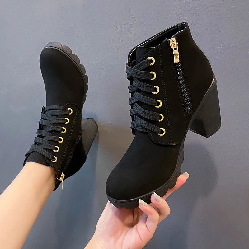 New Spring Winter Women Pumps Boots High Quality Lace-up European Ladies Shoes PU High Heels Boots Fast Delivery Platform Boots