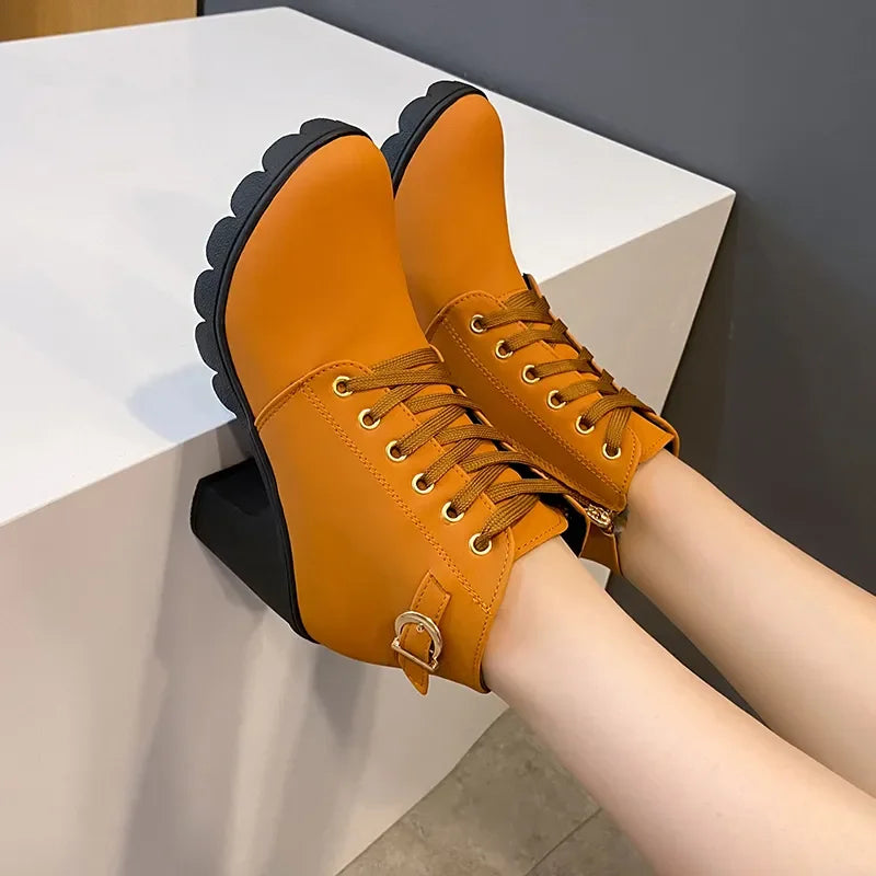 New Spring Winter Women Pumps Boots High Quality Lace-up European Ladies Shoes PU High Heels Boots Fast Delivery Platform Boots