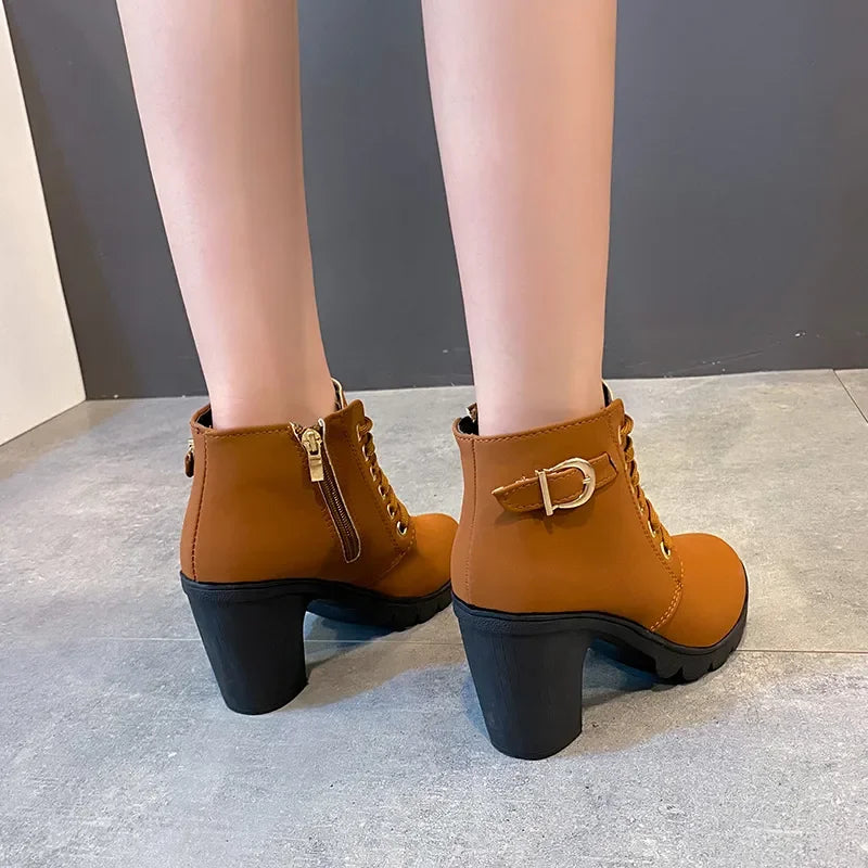 New Spring Winter Women Pumps Boots High Quality Lace-up European Ladies Shoes PU High Heels Boots Fast Delivery Platform Boots