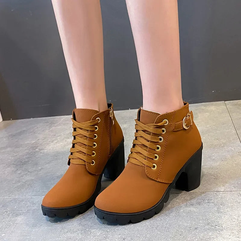 New Spring Winter Women Pumps Boots High Quality Lace-up European Ladies Shoes PU High Heels Boots Fast Delivery Platform Boots