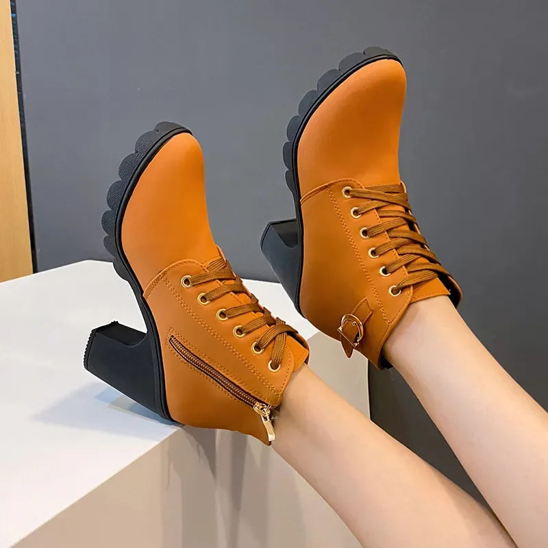 New Spring Winter Women Pumps Boots High Quality Lace-up European Ladies Shoes PU High Heels Boots Fast Delivery Platform Boots